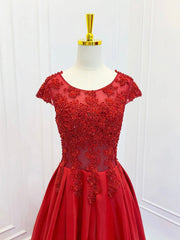 A-Line Scoop Neckline Satin Lace Burgundy Long Prom Dresses, Burgundy Lace Long Formal Dresses