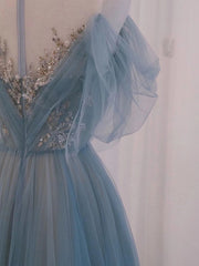 A-Line Scoop Neckline Tulle Gray Blue Long Prom Dress with Sequin