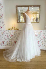 A Line Sexy V neck Pearls Elegant Wedding Dresses