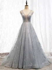 A-Line Silver Gray Tulle Sequins See Through V-neck Backless Prom Dresses