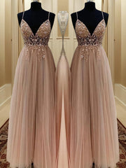 A-line Spaghetti Straps Beading Floor-Length Tulle Dresses