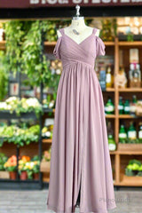 A Line Spaghetti Straps Pleated Chiffon Vintage Mauve Bridesmaid Dress with Slit