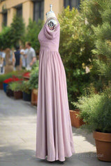 A Line Spaghetti Straps Pleated Chiffon Vintage Mauve Bridesmaid Dress with Slit