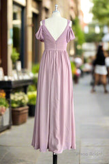 A Line Spaghetti Straps Pleated Chiffon Vintage Mauve Bridesmaid Dress with Slit