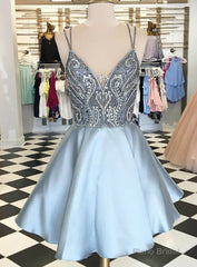 A Line Spaghetti Straps Satin Backless Homecoming Dress With Pocket