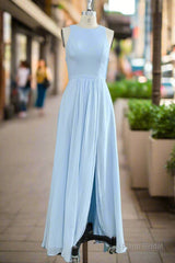 A-Line Spaghetti Straps Sky Blue Chiffon Long Bridesmaid Dress