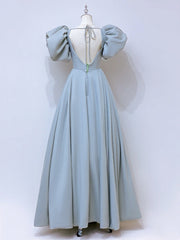 A-Line  Square Neckline Puff sleeves Long Blue Prom Dresses, Blue Long Formal Dresses