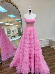 A Line Strapless Corset Glitter Tulle Prom Dress with Ruffles