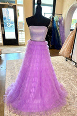 A-Line Strapless Lilac Layered Long Prom Dresses with Rhinestones