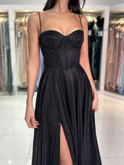 A-Line Sweetheart Neck Black Long Prom Dress, Black Long Formal Dress