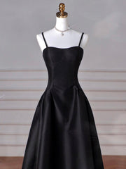 A-Line Sweetheart Neck Satin Black Long Prom Dresses, Black Long Evening Dresses