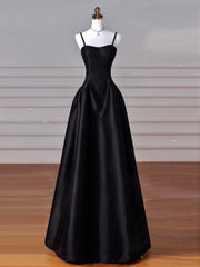 A-Line Sweetheart Neck Satin Black Long Prom Dresses, Black Long Evening Dresses