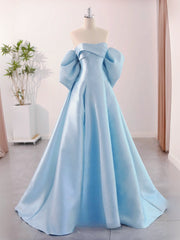 A-Line Sweetheart Neck Satin Blue Long Prom Dress, Blue Long Formal Dress