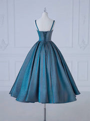 A-Line Sweetheart Neck Satin Tea Length Blue Prom Dresses, Blue Formal Dresses