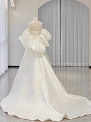 A-Line Sweetheart Neck Satin White Long Prom Dresses, White Long Formal Dresses