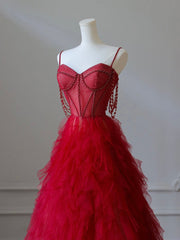 A-Line Sweetheart Neck Tulle Beads Burgundy Long Prom Dresses, Burgundy Evening Dresses