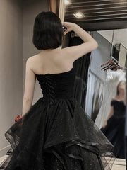 A-Line Sweetheart Neck Tulle Black Long Prom Dresses, Black Long Formal Dresses