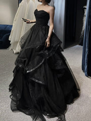 A-Line Sweetheart Neck Tulle Black Long Prom Dresses, Black Long Formal Dresses