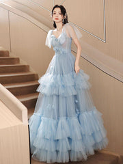 A-Line Sweetheart Neck Tulle Blue Long Prom Dresses, Blue Long Formal Dresses