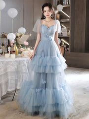 A-Line Sweetheart Neck Tulle Blue Long Prom Dresses, Blue Long Formal Dresses