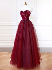 A-Line Sweetheart Neck Tulle Burgundy Long Prom Dresses, Burgundy Long Formal Dresses