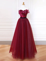 A-Line Sweetheart Neck Tulle Burgundy Long Prom Dresses, Burgundy Long Formal Dresses