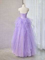 A-Line Sweetheart Neck Tulle Lace Applique Purple Long Prom Dress, Purple Formal Dress