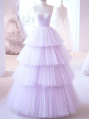 A-Line Sweetheart Neck Tulle Purple Long Prom Dresses, Purple Long Formal Dresses