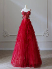 A-Line Sweetheart Neck Tulle Red Long Prom Dresses, Red Long Graduation Dresses with Beads