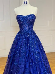 A-Line Sweetheart Neck Tulle Sequin Blue Long Prom Dresses, Blue Long Formal Dresses