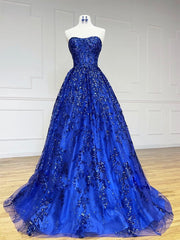 A-Line Sweetheart Neck Tulle Sequin Blue Long Prom Dresses, Blue Long Formal Dresses