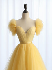 A-Line Sweetheart Neck Tulle Yellow Long Prom Dresses, Yellow Long Formal Dresses