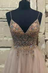 A-Line Tulle Beaded Long Prom Dress, Cute V-Neck Evening Party Dress