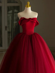 A-Line Tulle Burgundy Long Prom Dresses, Burgundy Long Formal Dresses