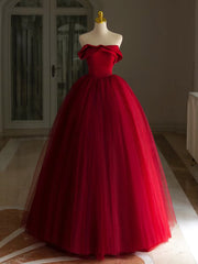 A-Line Tulle Burgundy Long Prom Dresses, Burgundy Long Formal Dresses