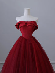 A-Line Tulle Burgundy Long Prom Dresses, Tulle Burgundy Long Formal Dresses