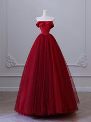 A-Line Tulle Burgundy Long Prom Dresses, Tulle Burgundy Long Formal Dresses