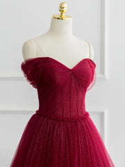 A-Line Tulle Burgundy Long Prom Dress, Tulle Long Formal Dress