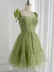 A-Line Tulle Green Short Prom Dresses, Cute Green Homecoming Dresses