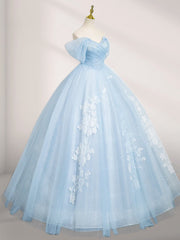 A-Line Tulle Lace Blue Long Prom Dress Off Shoulder Sky Blue Dress