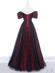 A-Line Tulle Lace Burgundy Long Prom Dresses, Burgundy Long Formal Dresses