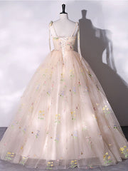 A-Line Tulle Lace Champagne Long Prom Dress, Champagne Formal Sweet 16 Dress