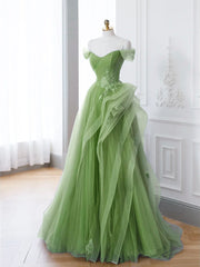 A-Line Tulle Lace Green Long Prom Dresses, Green lace Long Formal Dresses