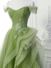 A-Line Tulle Lace Green Long Prom Dresses, Green lace Long Formal Dresses