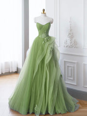 A-Line Tulle Lace Green Long Prom Dresses, Green lace Long Formal Dresses