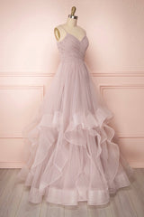 A-Line Tulle Layers Long Formal Dress, Cute V-Neck Evening Party Dress