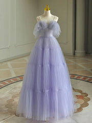 A-Line Tulle Purple Long Prom Dresses, Purple Long Graduation Dresses