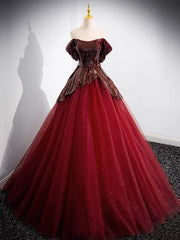 A-Line Tulle Sequin Burgundy Long Prom Dresses, Off Shoulder Burgundy Formal Dresses