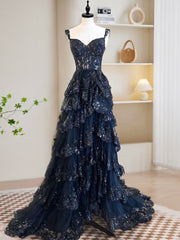 A-Line Tulle Sequin Navy Blue Long Prom Dresses, Navy Blue Sequin Long Formal Dresses