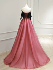 A-Line Tulle Watermelon Red Long Prom Dresses, Watermelon Red Tulle Long Formal Dresses